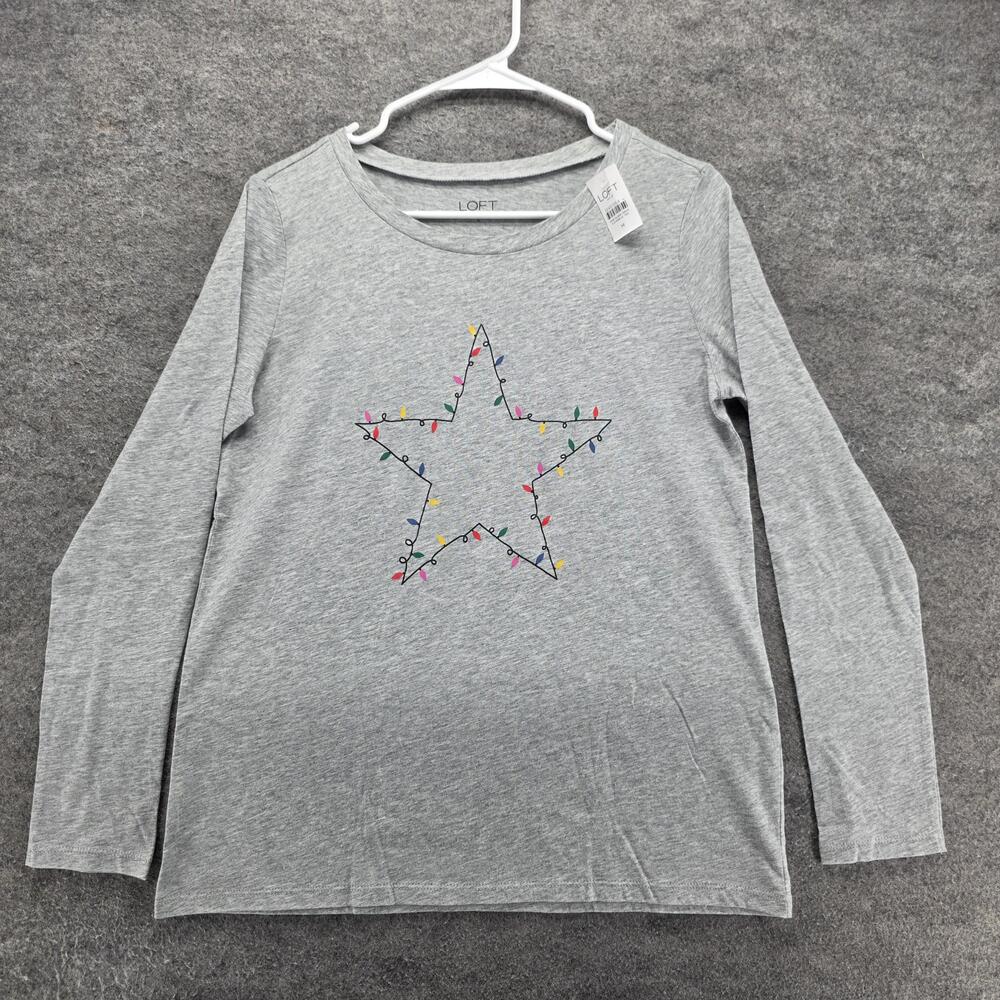LOFT T-Shirt Womens M Gray Star String Lights Crew Neck Long Sleeve Basic